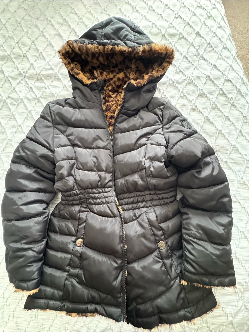 Steve Madden Reversible Girls Black and Leopard Print Coat